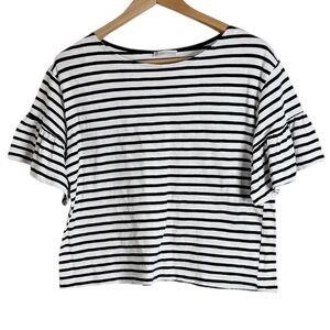 Zara Deep Navy/White Striped Short Ruffle Sleeve  Boxy Cut Top/Tee size M